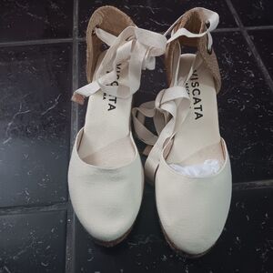 Viscata Sagaro Canvas Espadrille Wedges Cream Size 39 Lace Up